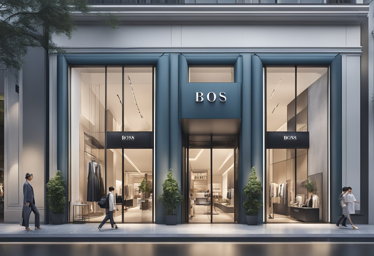 A sleek Hugo Boss storefront in Singapore, with bold signage and modern architecture