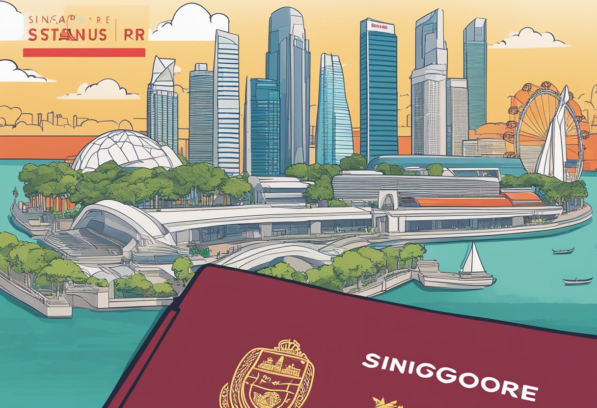 The Singapore PR status scene shows a red passport with the words "Singapore Permanent Resident" on the cover, against a backdrop of iconic Singapore landmarks