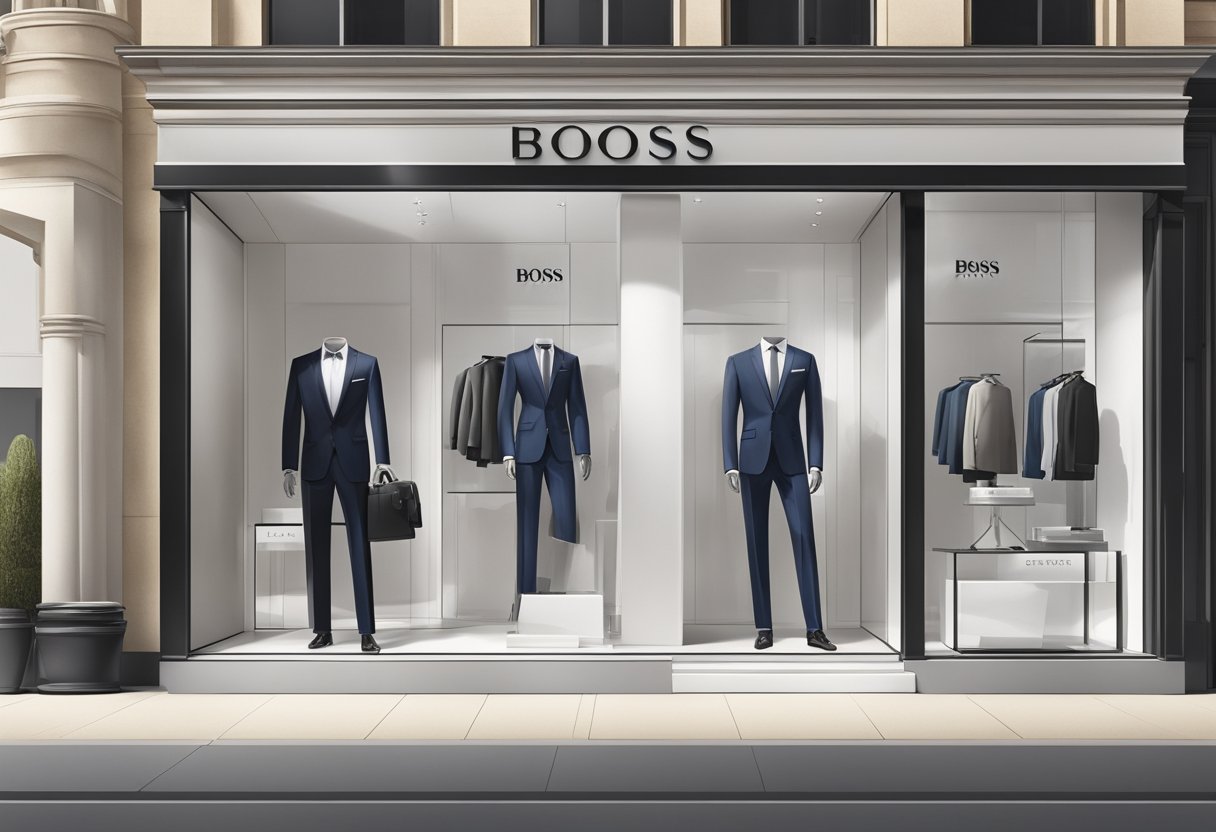A sleek, modern storefront with the Hugo Boss logo prominently displayed. The window display features elegant and stylish clothing for every occasion