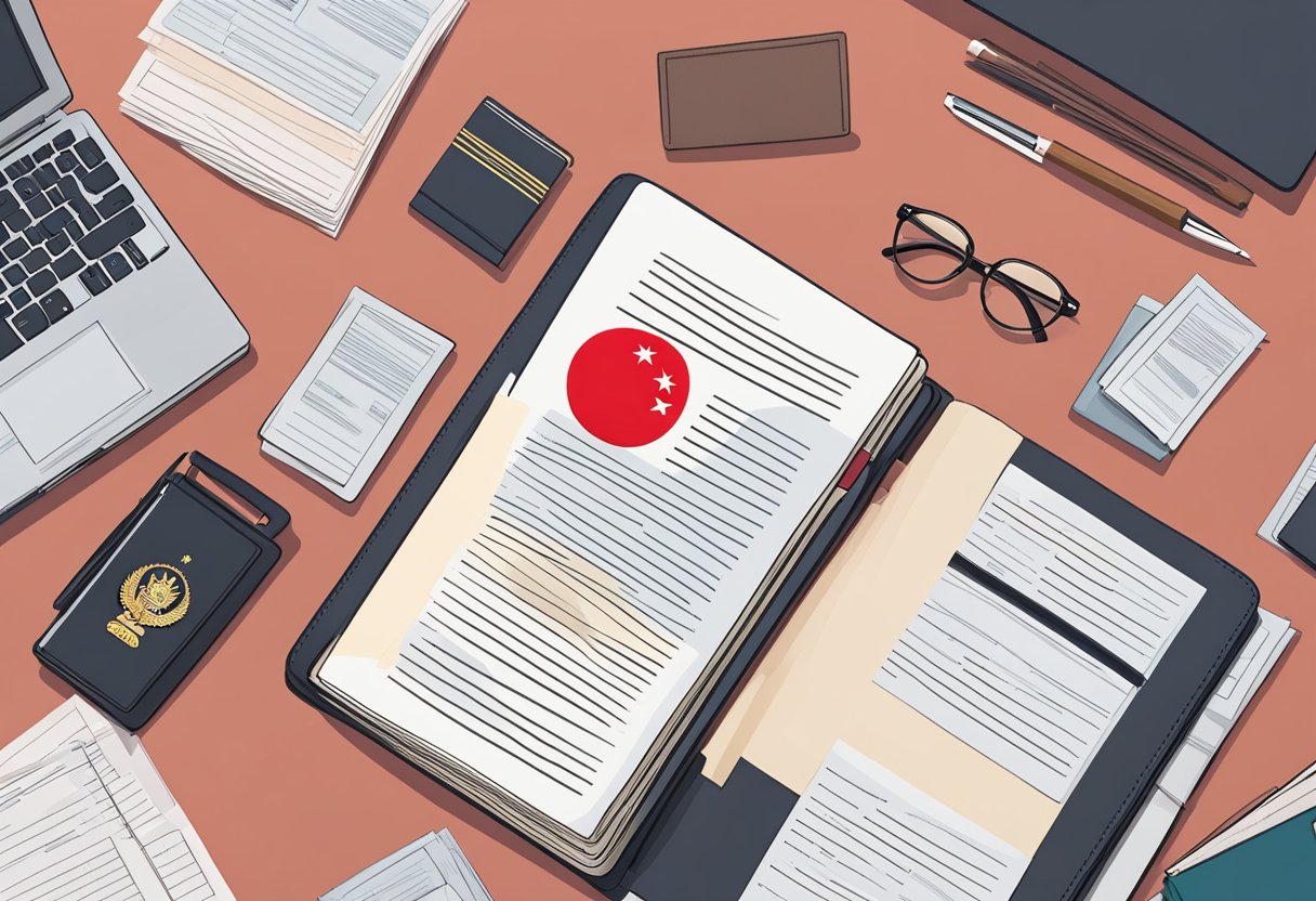 A red dot passport resting on a table, surrounded by a stack of official documents and a Singapore flag
