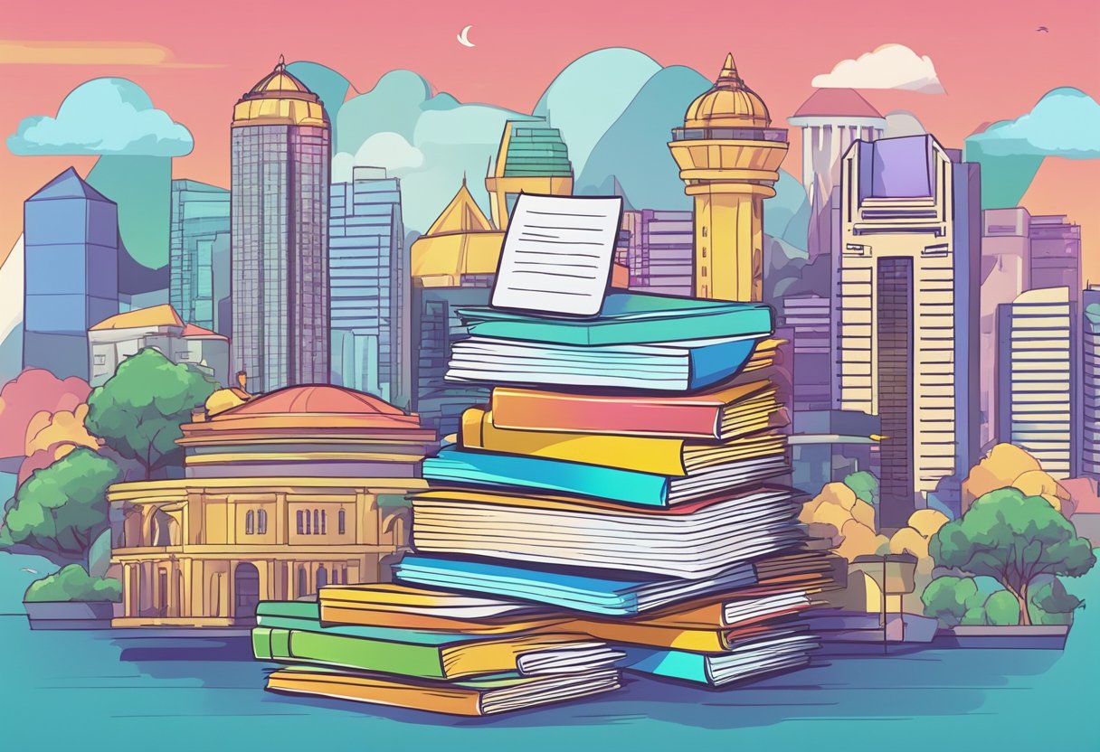 A stack of colorful "Frequently Asked Questions" notes with Singapore landmarks in the background