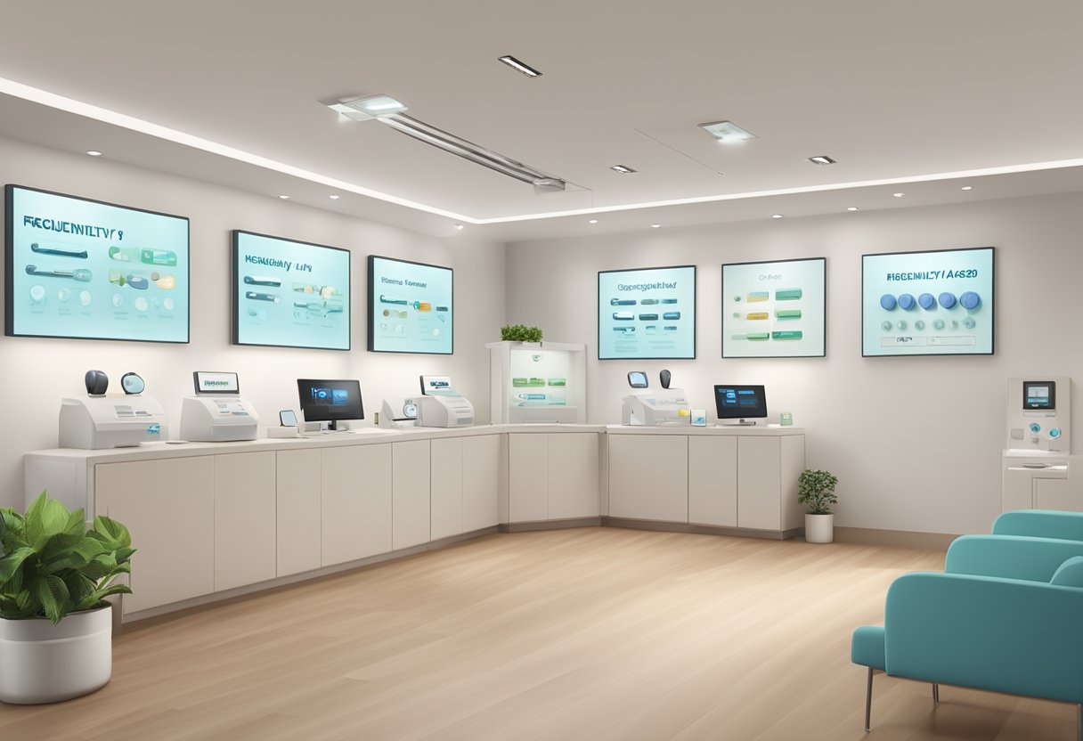 A display of various hearing aid models with a sign reading "Frequently Asked Questions" in a modern Singaporean clinic