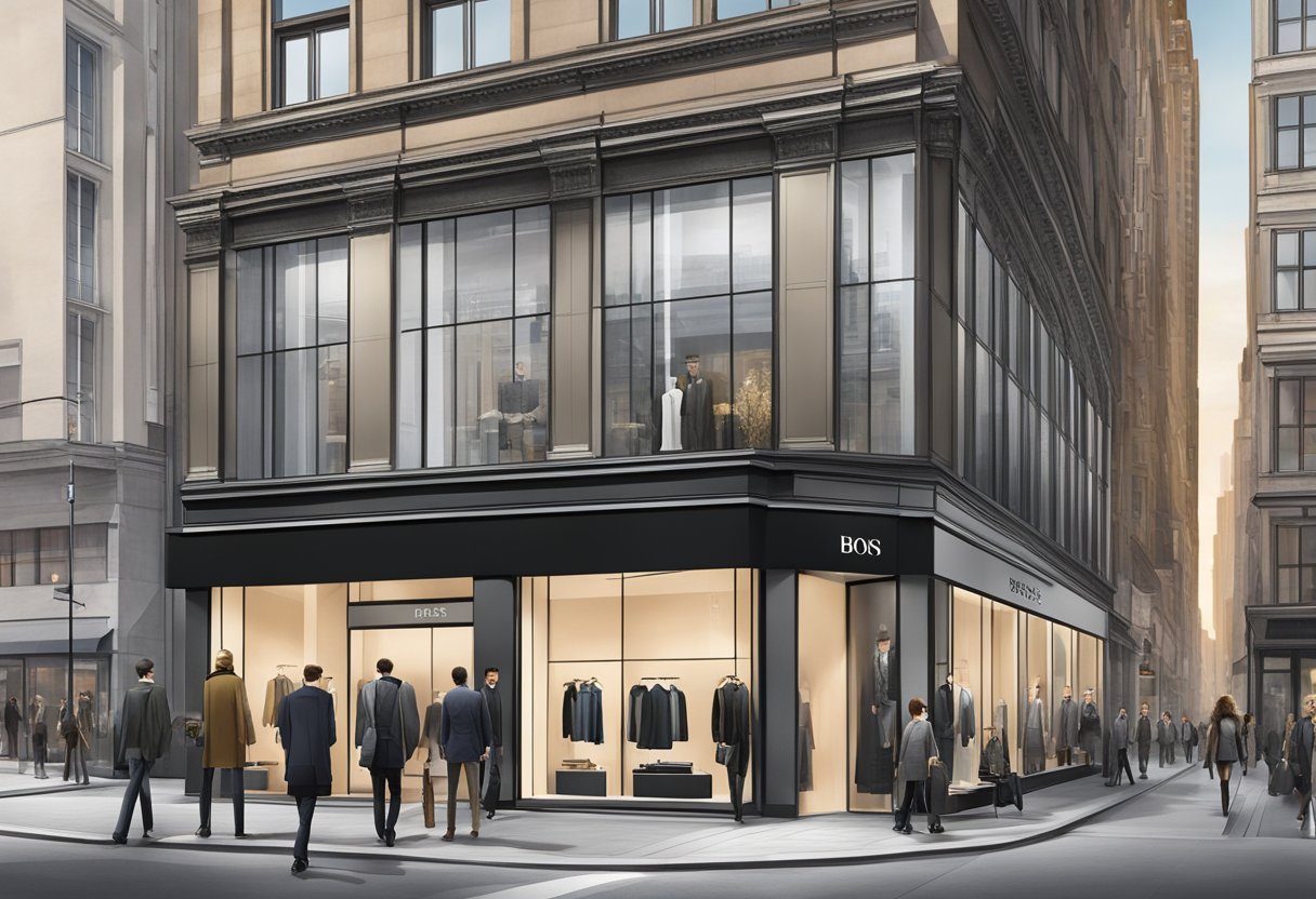 A sleek Hugo Boss store front with the logo prominently displayed, surrounded by bustling city streets and stylish shoppers