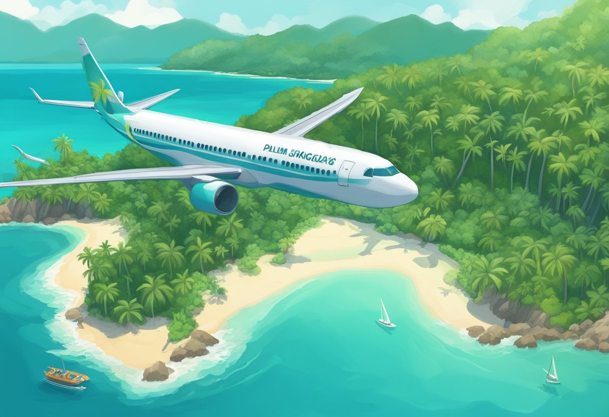 A plane flying over turquoise waters from Singapore to Boracay. Palm-fringed beaches and lush greenery on the island below
