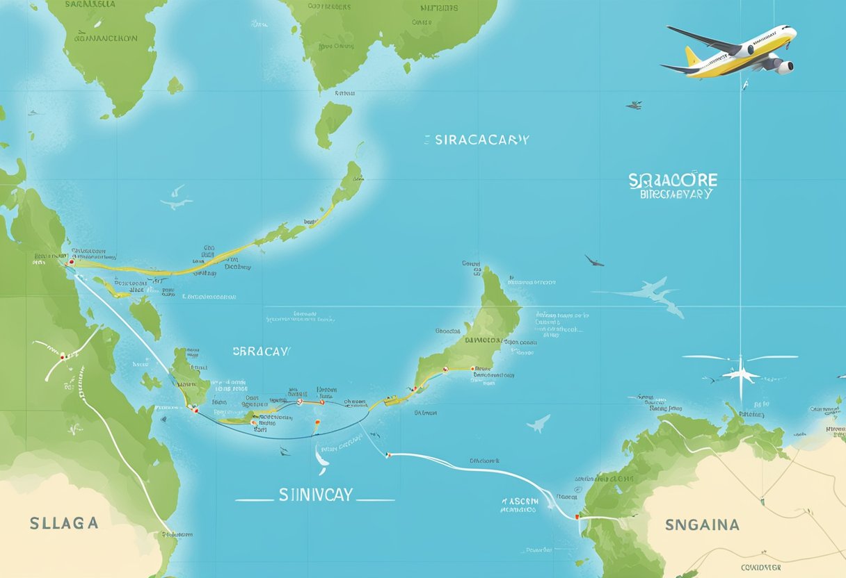 A map of the route from Singapore to Boracay with a plane flying overhead and tropical islands in the distance