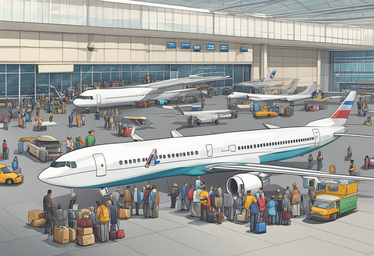 A bustling airport terminal with planes on the runway, luggage being loaded onto a plane, and travelers lined up at the gate