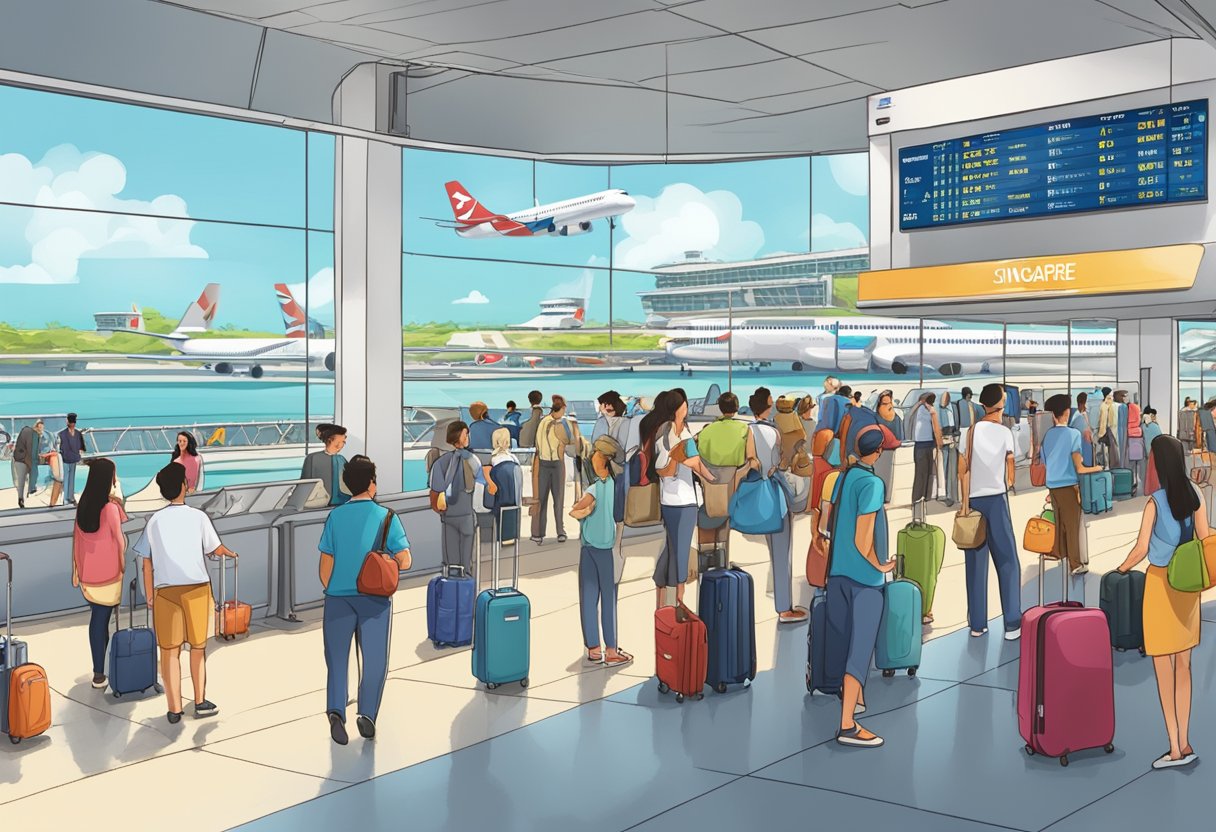 A bustling airport terminal with a large "Singapore to Boracay" sign, people lining up at check-in counters and a plane taking off in the background