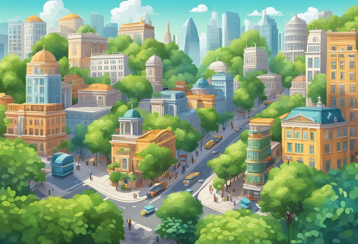 A bustling cityscape with iconic landmarks and diverse architecture, surrounded by lush greenery and vibrant street life