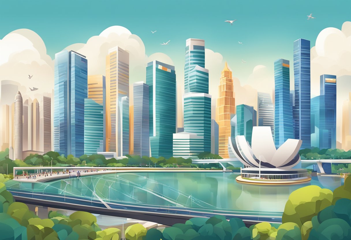 A bright, modern cityscape with iconic landmarks and bustling streets, showcasing the energy and diversity of Singapore