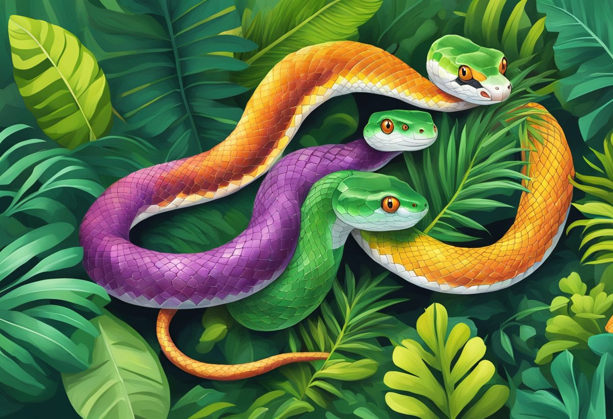 Colorful snakes slither through lush green foliage in Singapore