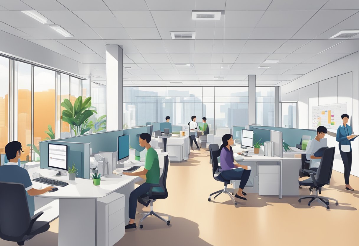 A bustling office with people at desks, a reception area, and signage displaying "Comprehensive Services Offered" at Helpling Singapore