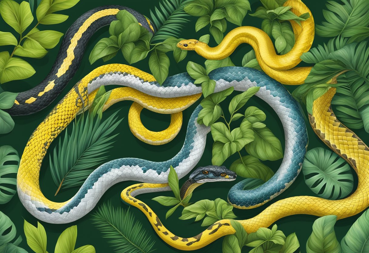 A variety of snakes slither through lush greenery in Singapore, including the Paradise Tree Snake, the Reticulated Python, and the Wagler's Pit Viper