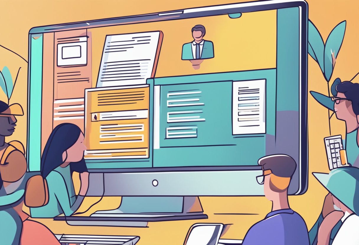 A computer with a FAQ webpage open, surrounded by a diverse group of people seeking help