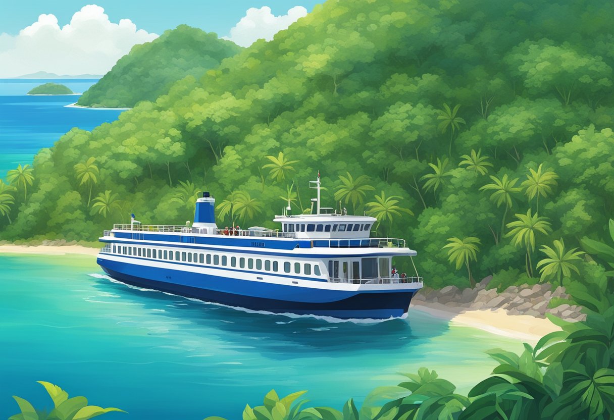 The ferry approaches St. John Island, with lush greenery and clear blue waters surrounding it