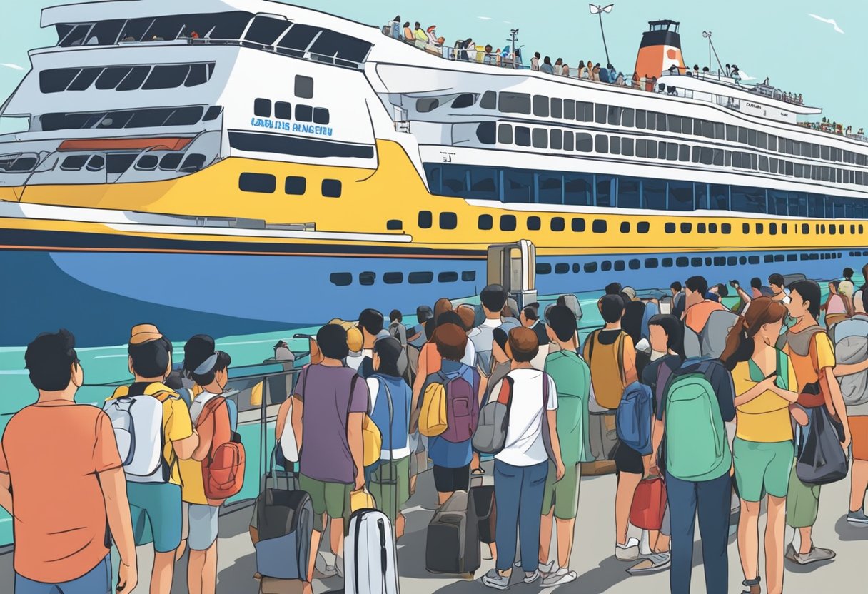 Visitors line up to board the ferry to St. John Island, Singapore. The dock is bustling with anticipation as people prepare for their island adventure
