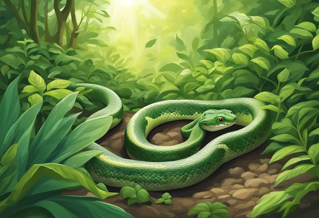 A snake slithers through lush green foliage, its scales glistening in the sunlight. Nearby, a sign warns of snake presence, emphasizing safety