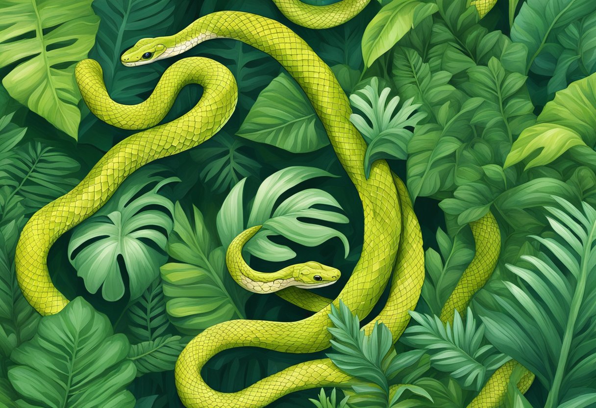 A group of snakes slithering through lush green foliage in Singapore