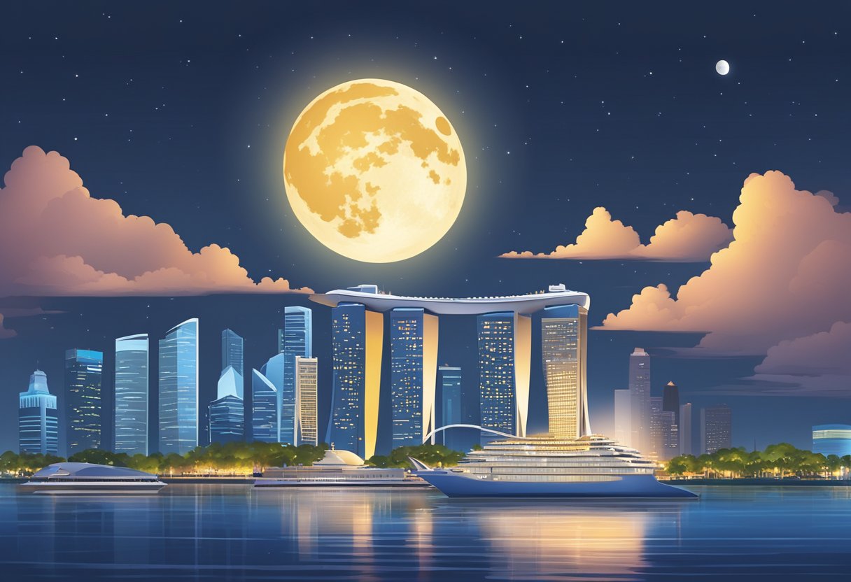 The supermoon rises above the Singapore skyline, casting a radiant glow over the city's iconic landmarks and reflecting in the calm waters below