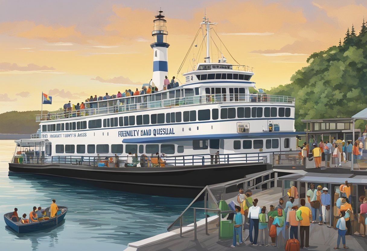 A ferry approaching the dock at St. John Island, with passengers boarding and unloading, while a sign displaying "Frequently Asked Questions" is prominently displayed