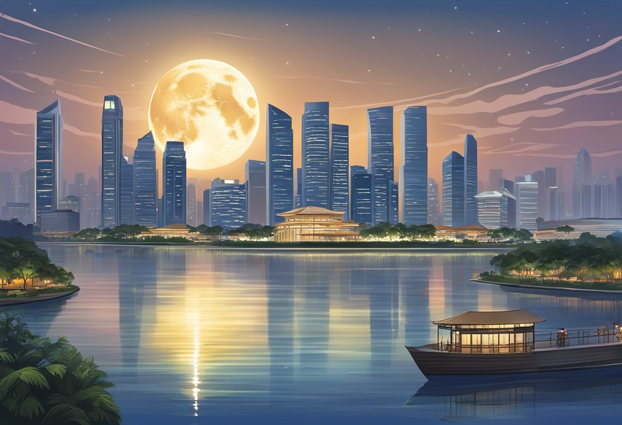 The supermoon rises over the Singapore skyline, casting a brilliant glow across the cityscape and reflecting in the calm waters below