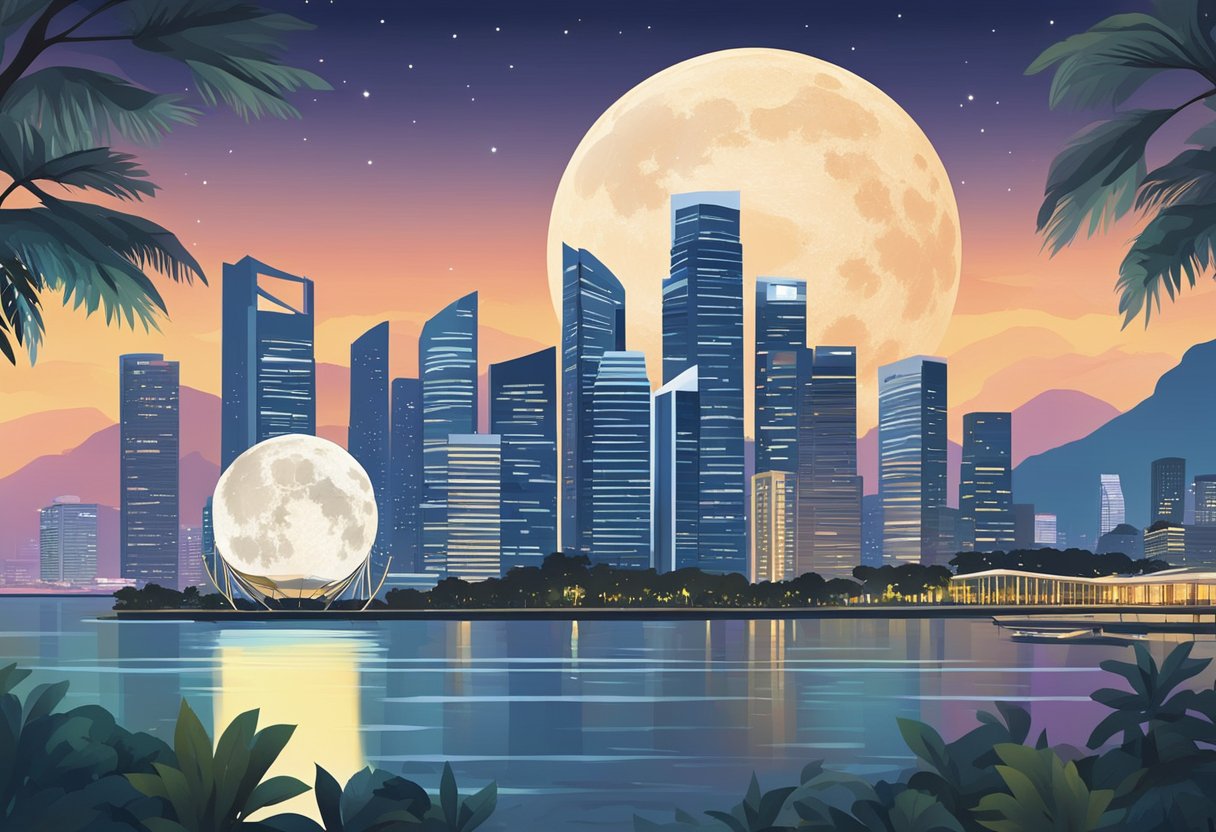 A bright supermoon illuminates the Singapore skyline, casting a shimmering glow over the city's iconic landmarks