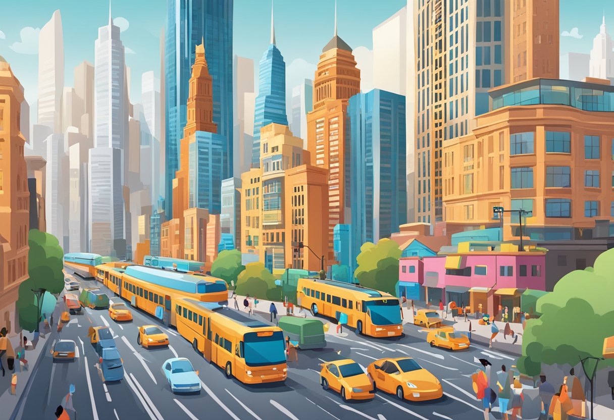 A bustling cityscape with iconic skyscrapers and a vibrant street filled with diverse architecture and bustling activity