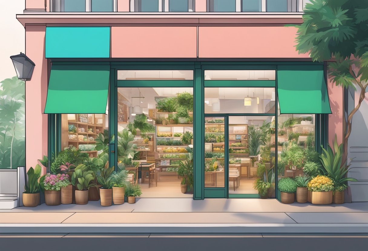 A vibrant storefront with lush greenery and colorful displays at Hysses Singapore