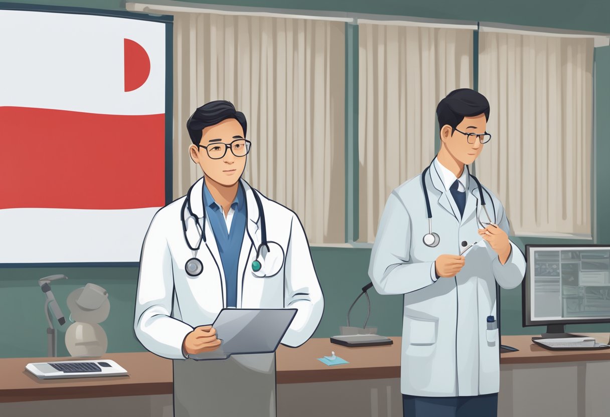 A doctor diagnoses TB using a stethoscope. They provide treatment and educate on prevention. The Singaporean flag hangs in the background
