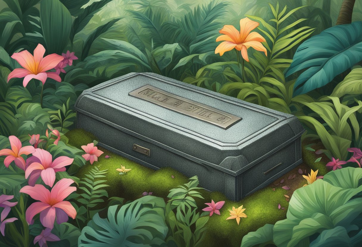 A metal time capsule buried in a lush Singaporean garden, surrounded by vibrant tropical plants and colorful flowers. The capsule is weathered and covered in moss, with a plaque indicating the date of burial