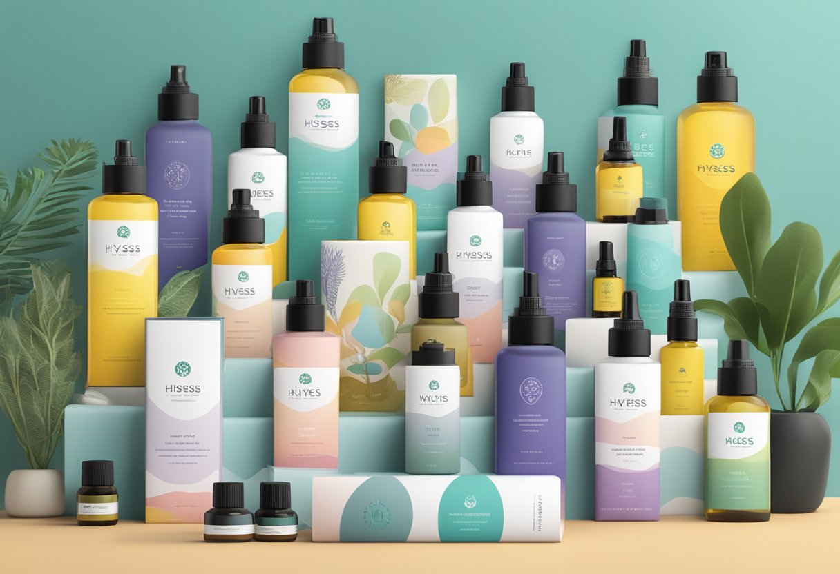 A stack of FAQ brochures with the Hysses Singapore logo, surrounded by a variety of essential oil bottles and diffusers