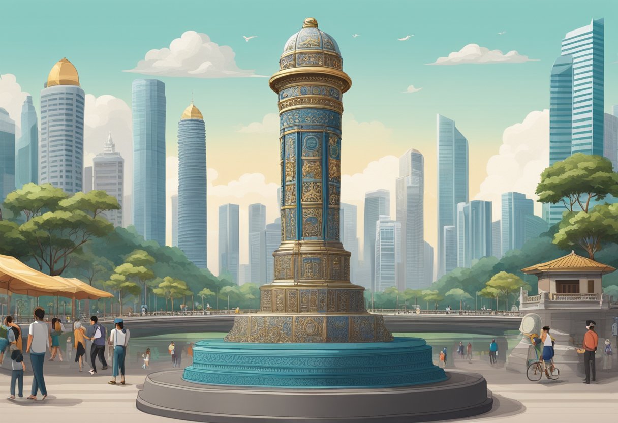 A metallic time capsule stands on a pedestal, surrounded by a bustling cityscape. The capsule is covered in intricate carvings and symbols, hinting at the history and culture of Singapore