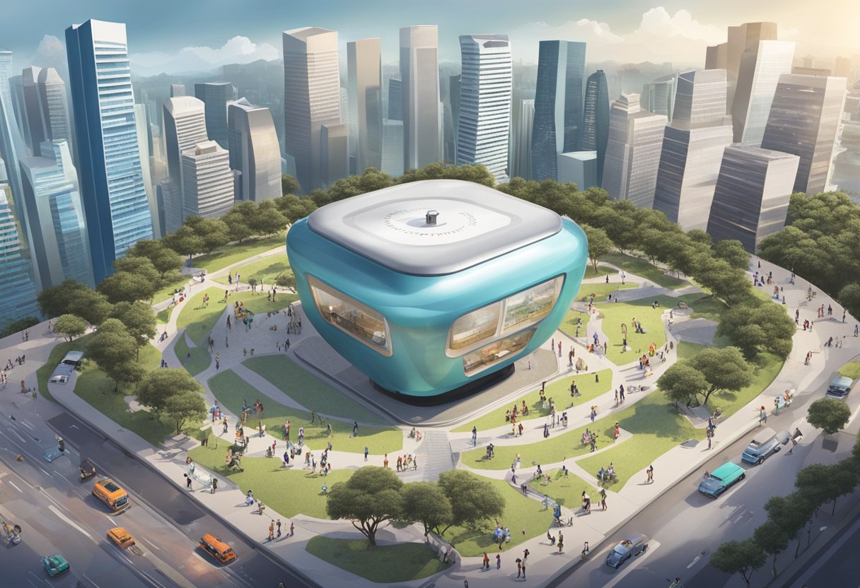 A time capsule is being buried in Singapore's Visitor Information Center, surrounded by curious onlookers and a bustling cityscape
