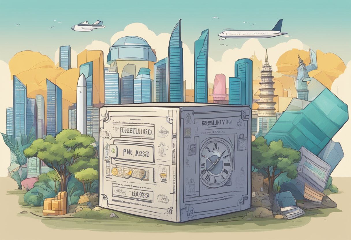 A time capsule labeled "Frequently Asked Questions" buried in a Singaporean landscape, surrounded by iconic landmarks and cultural symbols