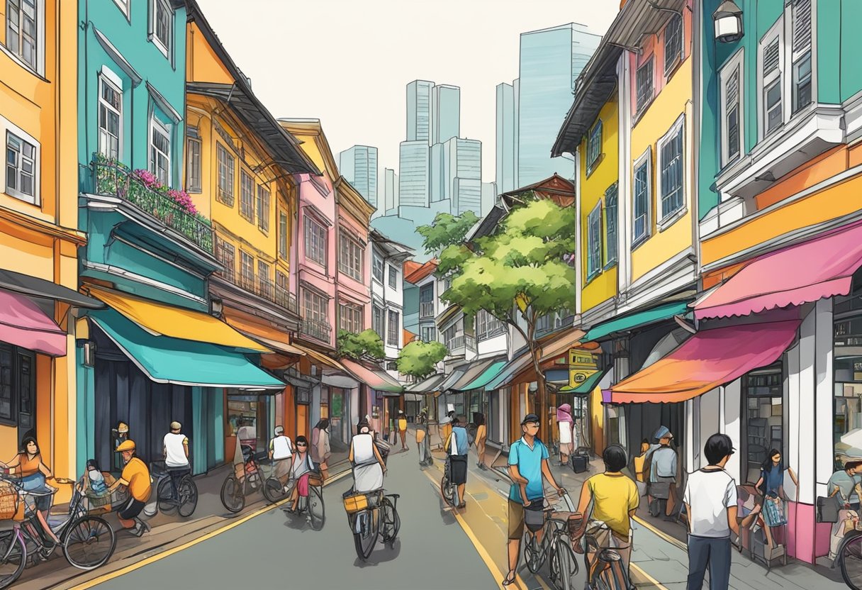 Purvis Street, Singapore: bustling with colorful shophouses, vibrant street art, and bustling cafes. A mix of old-world charm and modern energy