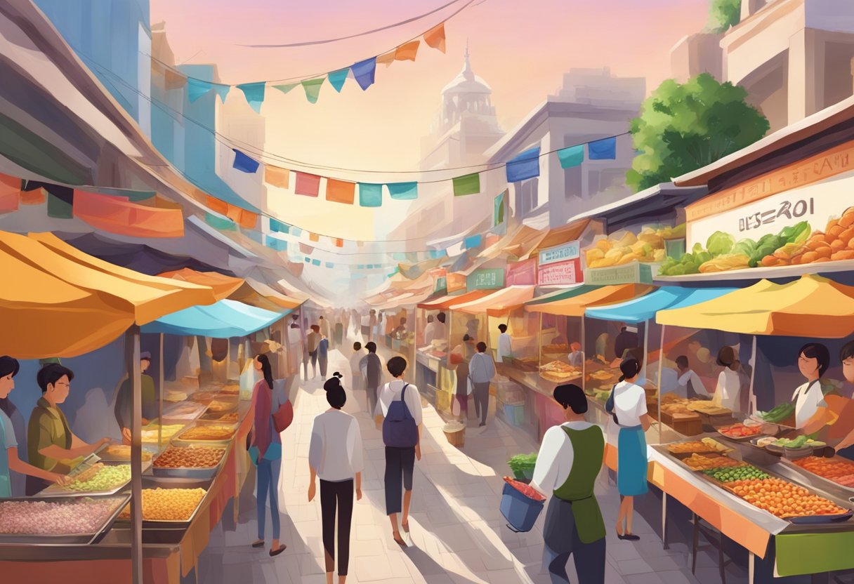 A bustling street lined with colorful food stalls, emitting tantalizing aromas and showcasing an array of culinary delights from various cultures