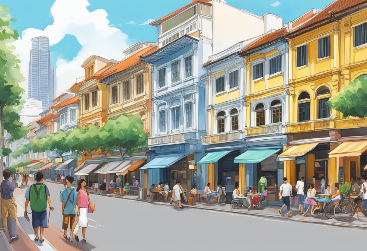 People strolling past colorful shophouses on Purvis Street, with bustling cafes and shops lining the historic road in Singapore