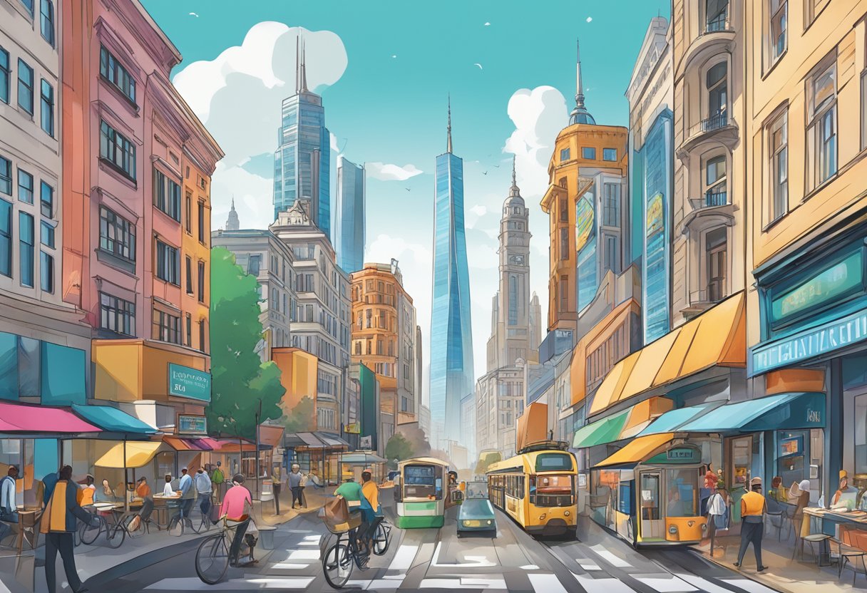 A bustling cityscape with iconic architecture, vibrant street life, and a mix of modern and traditional elements