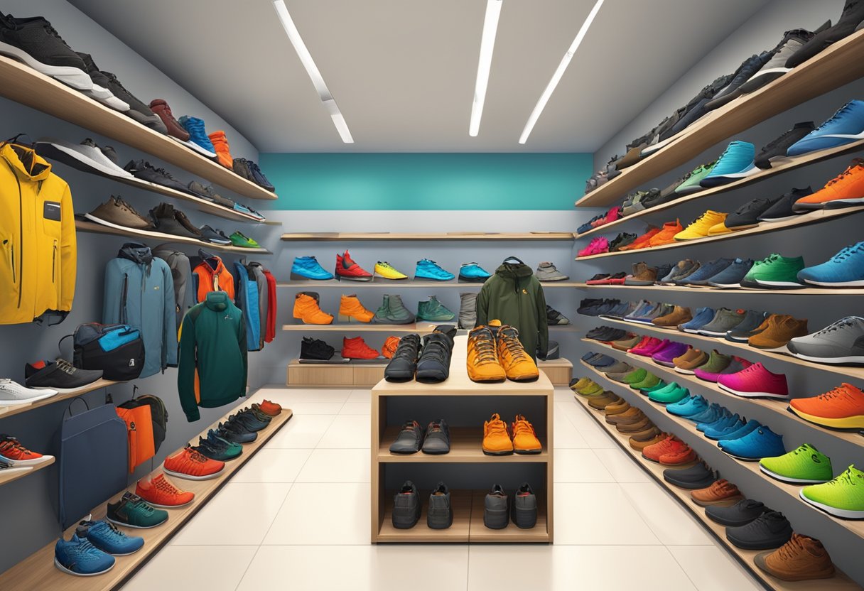 A diverse range of outdoor gear and footwear is displayed in a modern retail setting, with vibrant colors and innovative designs catching the eye