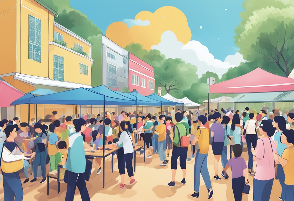 A bustling community event at Salomon Singapore, with a crowd of people interacting and engaging in various activities and games