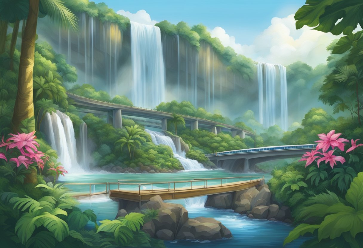 A majestic waterfall cascades down a lush, tropical landscape in the heart of Singapore's bustling airport, creating a serene and tranquil atmosphere