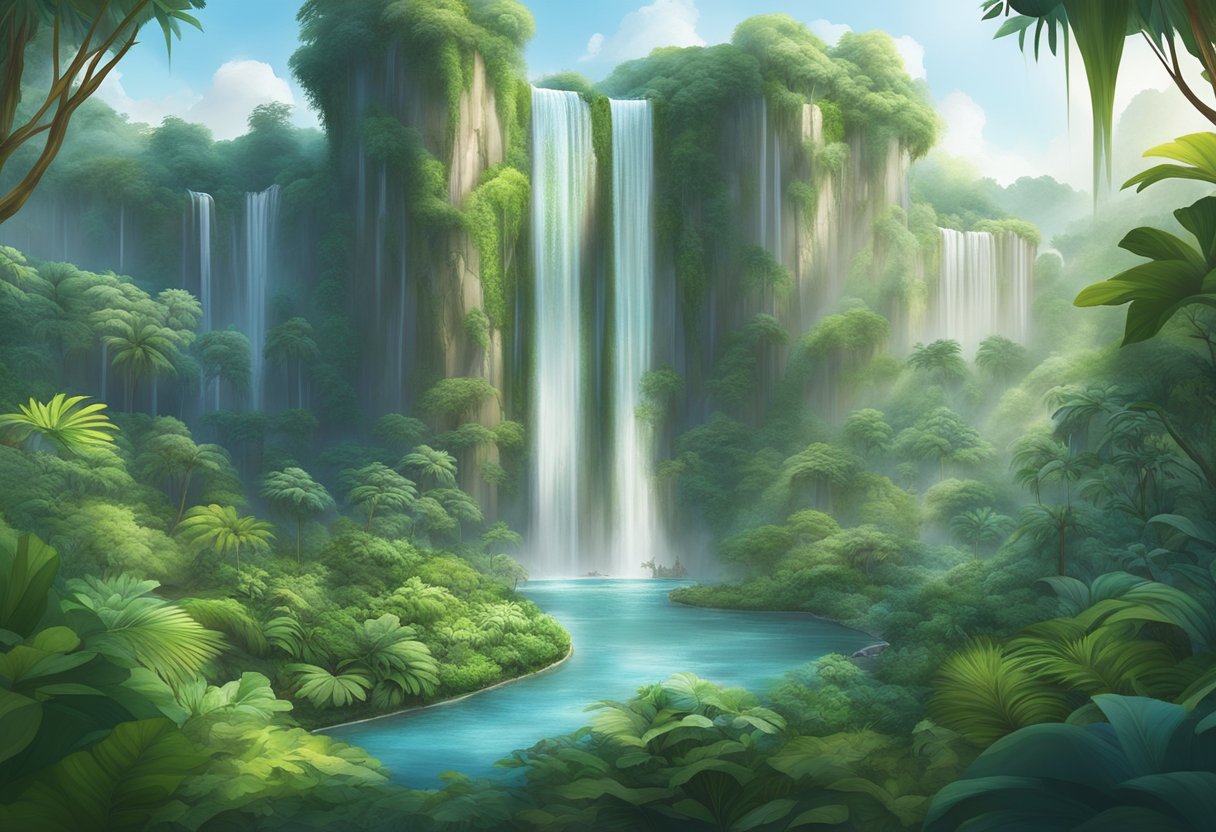 A majestic waterfall cascades down lush greenery in the heart of Jewel Changi Airport, creating a serene and captivating atmosphere