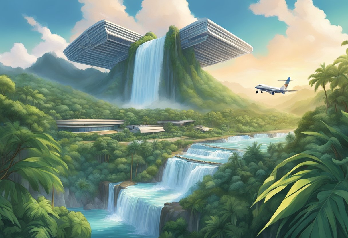 A grand waterfall cascades down a lush, tropical landscape, surrounded by modern architecture and bustling airport activity