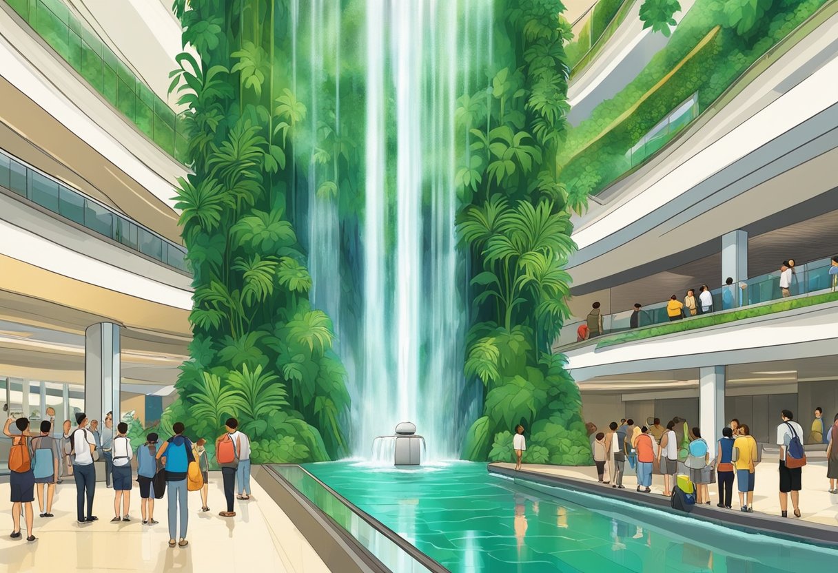 A majestic indoor waterfall cascades down a lush green wall, surrounded by curious onlookers at Singapore airport