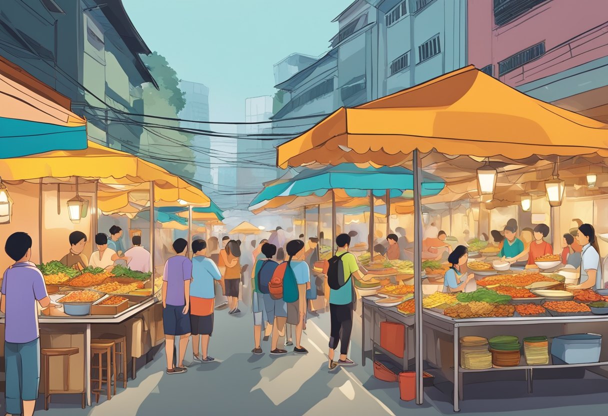 Colorful food stalls line the bustling street, showcasing a variety of traditional Singaporean dishes. The aroma of sizzling satay and spicy laksa fills the air as locals and tourists alike sample the delicious offerings