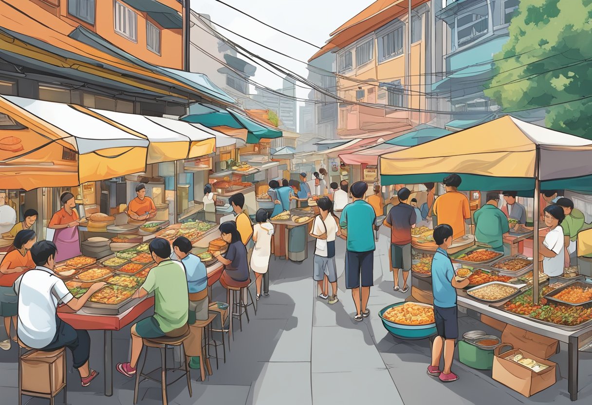 Vibrant food stalls line the bustling street, showcasing a colorful array of Singaporean cuisine. Aromas of sizzling satay and spicy laksa fill the air, while chefs skillfully prepare their signature dishes