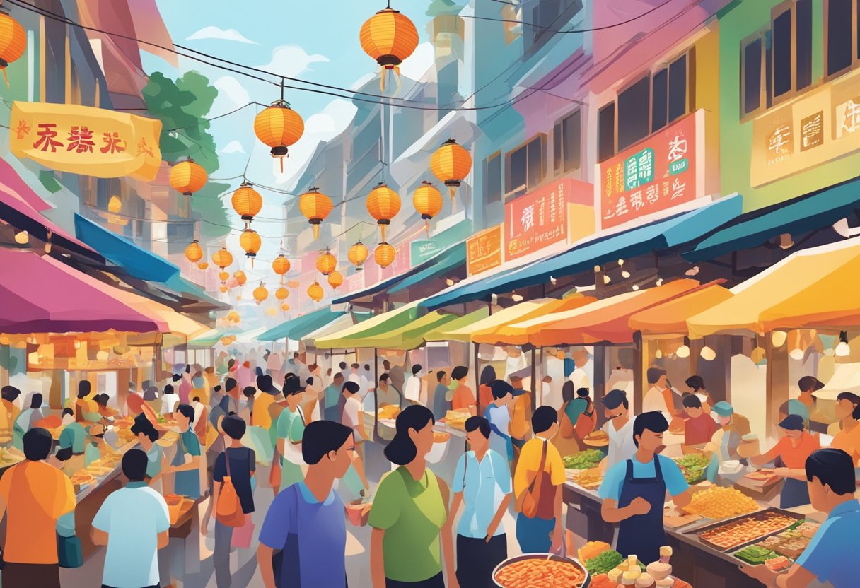 A bustling street filled with colorful food stalls, emitting tantalizing aromas of sizzling satay, steaming dumplings, and fragrant laksa. A vibrant sign reads "Gastronomic Delights Singapore Food Festival."