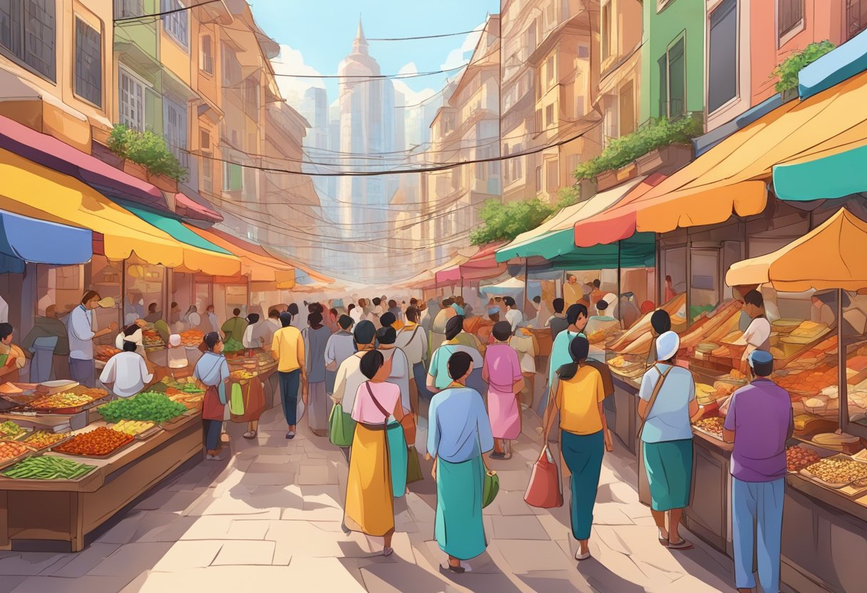 A bustling street lined with colorful food stalls, filled with the aroma of sizzling meats and spices. Crowds of people sample various dishes and engage in lively conversation