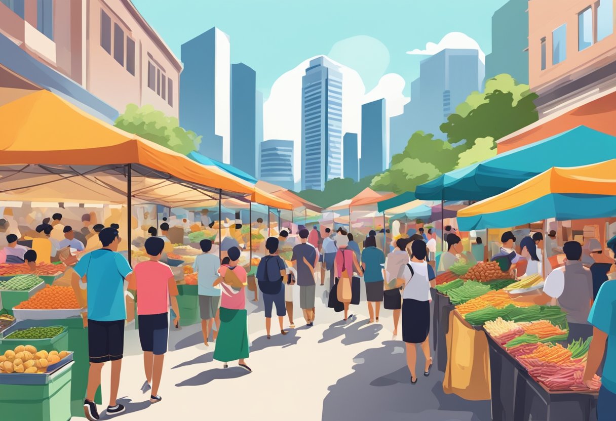A bustling Singapore open market, with colorful stalls and diverse crowds. The iconic skyline looms in the background, as vendors sell street food and goods