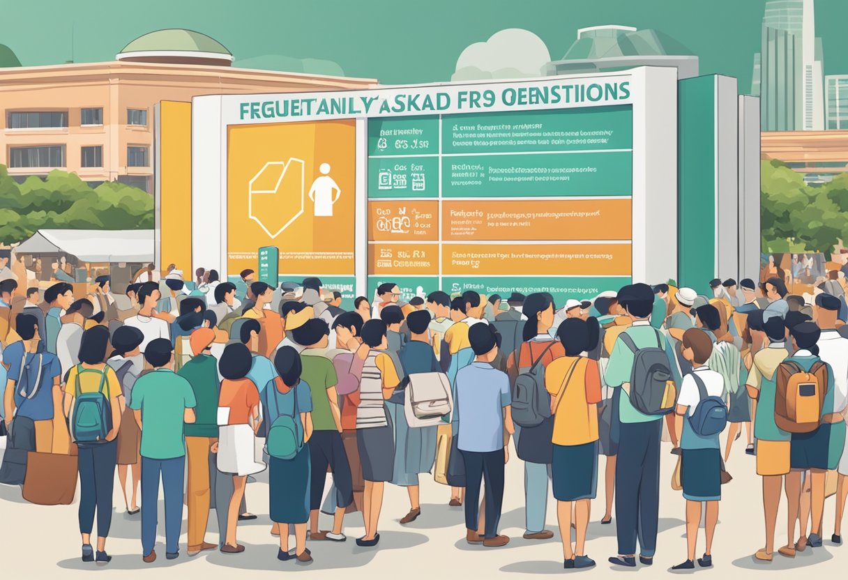 People gather around a sign reading "Frequently Asked Questions" at the Singapore Open, with a bustling crowd in the background