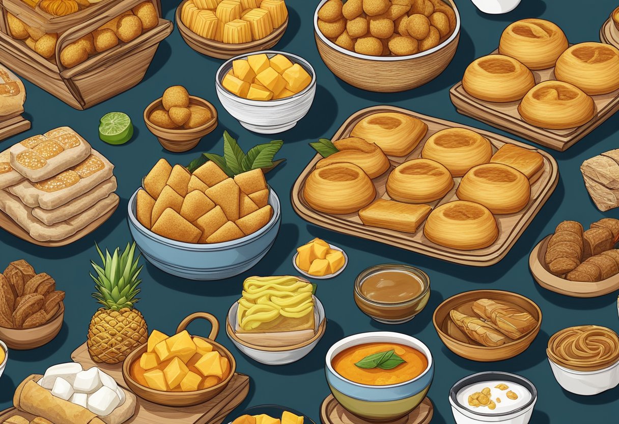 A colorful array of Singaporean snacks fills the table, including kaya toast, curry puffs, and pineapple tarts. The aroma of spices and sweet treats fills the air
